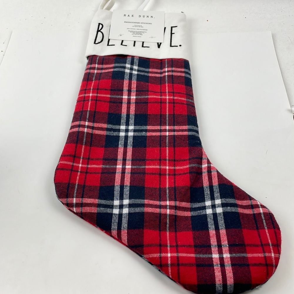 NWT RAE DUNN  Red Plaid 'Believe' Stocking